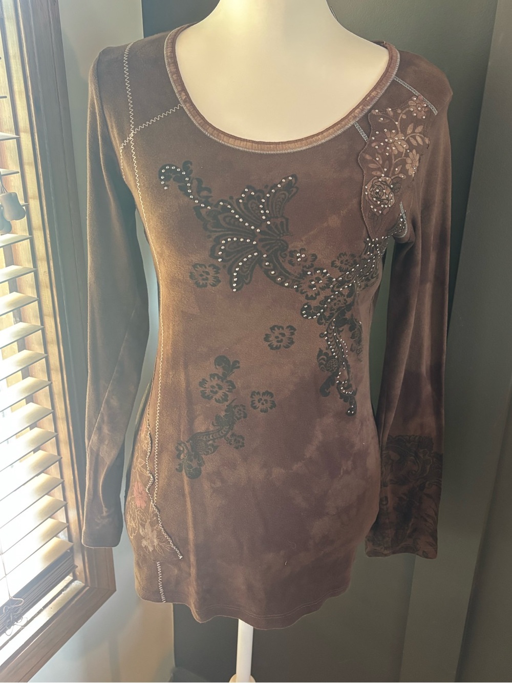 Vanilla Sugar Brown Embellished Floral Long Sleeve Top Small
